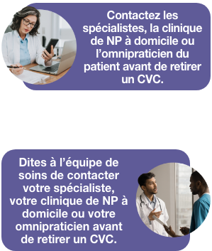 Image d'un professionnel de la santé sur un téléphone portable avec une bulle indiquant de « contacter le spécialiste du patient, une clinique HPN ou un médecin traitant avant de retirer un CVC » et une deuxième image d'un patient parlant à un professionnel de la santé avec une bulle indiquant « Dites à l'équipe soignante de contacter votre spécialiste, clinique HPN ou médecin traitant avant de retirer un CVC »